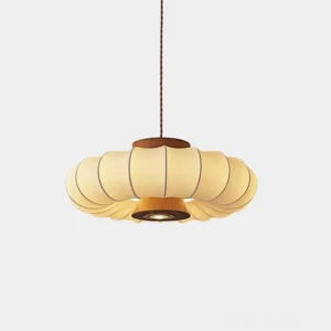 Aurelia modern cloud pendant lamp with ribbed beige silk shade and walnut wood accent, front studio view on white background