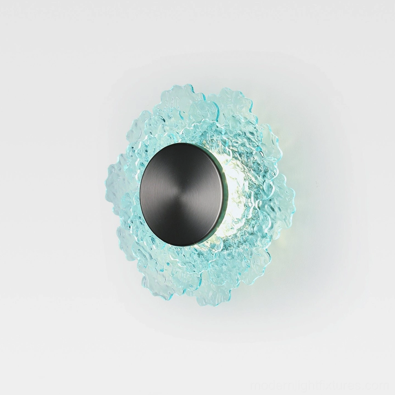 Aurelia artistic floral wall lamp sculptural form with dark matte metal plate and textured glass