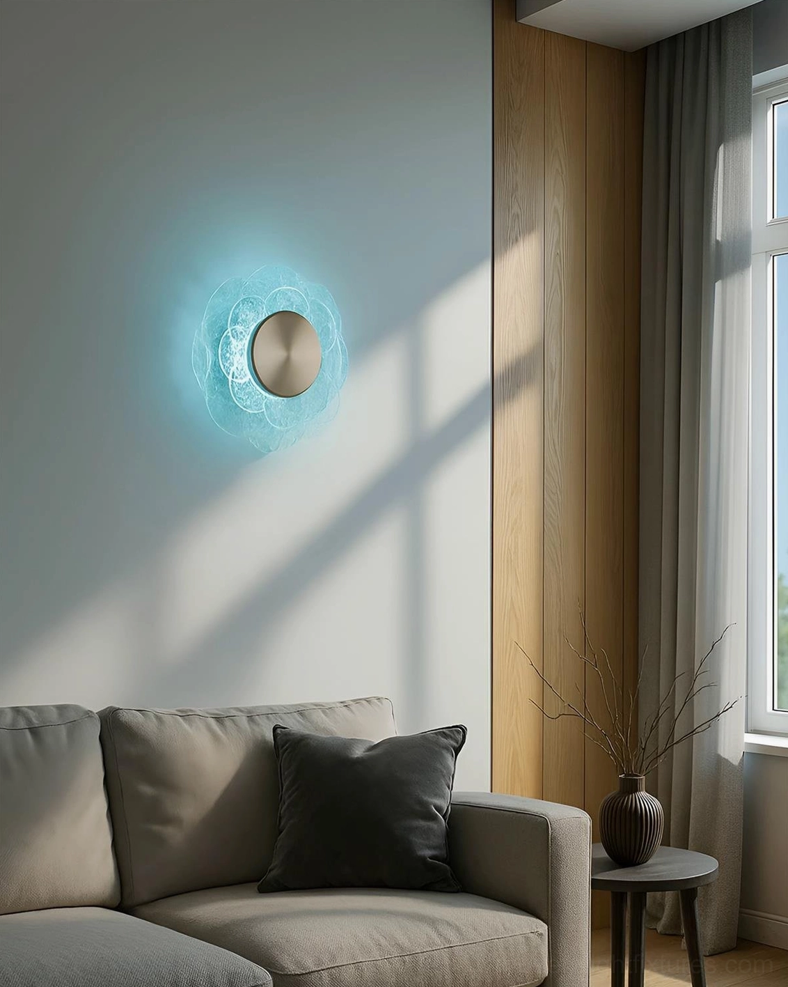 Aurelia contemporary wall sconce installed in modern living room beside fabric sofa with natural daylight
