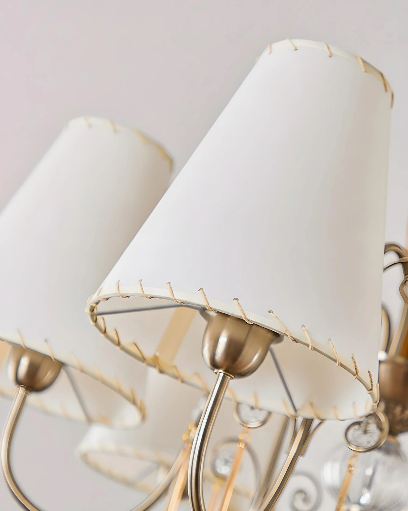 Aurembra three-head chandelier compact fabric shade fixture brass metal arms wooden construction crystal accents