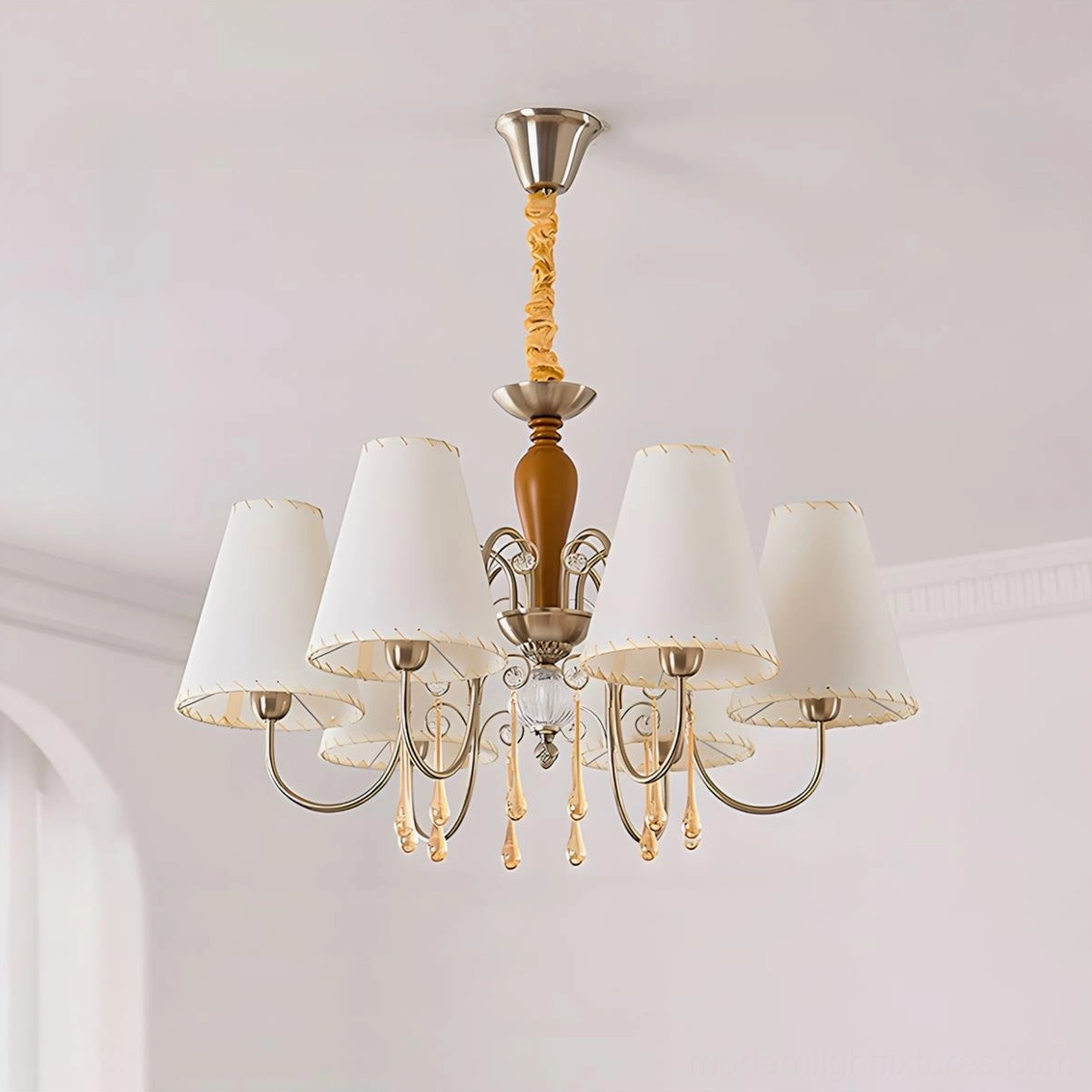Aurembra six-head chandelier gold walnut color mid-scale fixture wooden central support metal arms fabric lampshades
