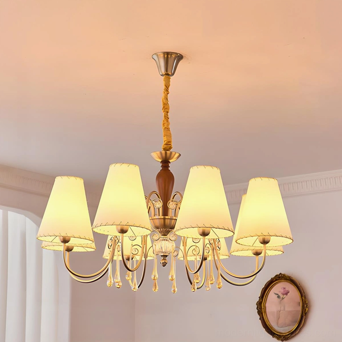 Aurembra eight-head chandelier sand nickel walnut color large-scale multi-arm fixture with wooden column and fabric shades