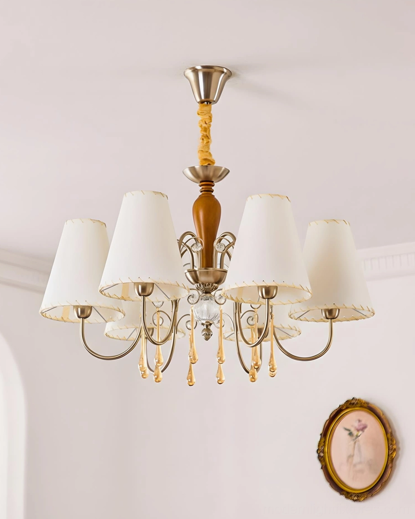 Aurembra retro multi-arm chandelier close-up showing brass nickel frame wooden central rod and tapered shades detail