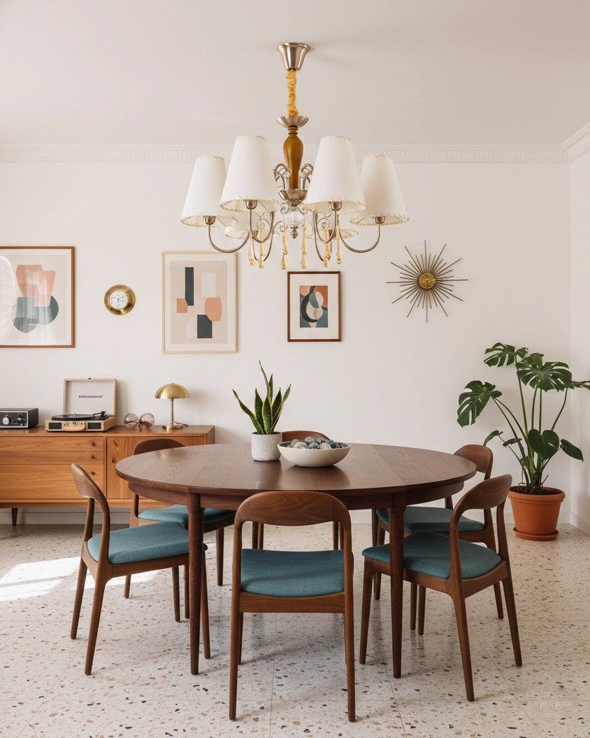 Aurembra fabric chandelier dining room setting eye-level view with classic vintage structure and soft white shade illumination