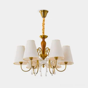 Aurembra multi-head chandelier front view studio display with brass metal arms, wooden column, white fabric shades and crystal pendants