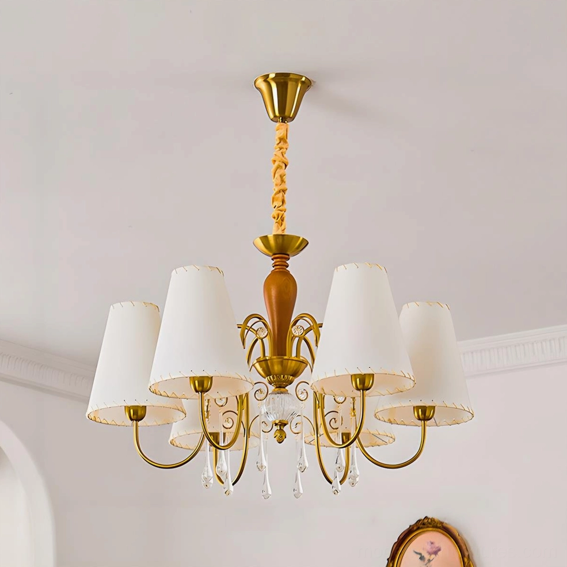 Aurembra fabric chandelier gold finish multi-arm configuration warm ambient lighting living space installation view