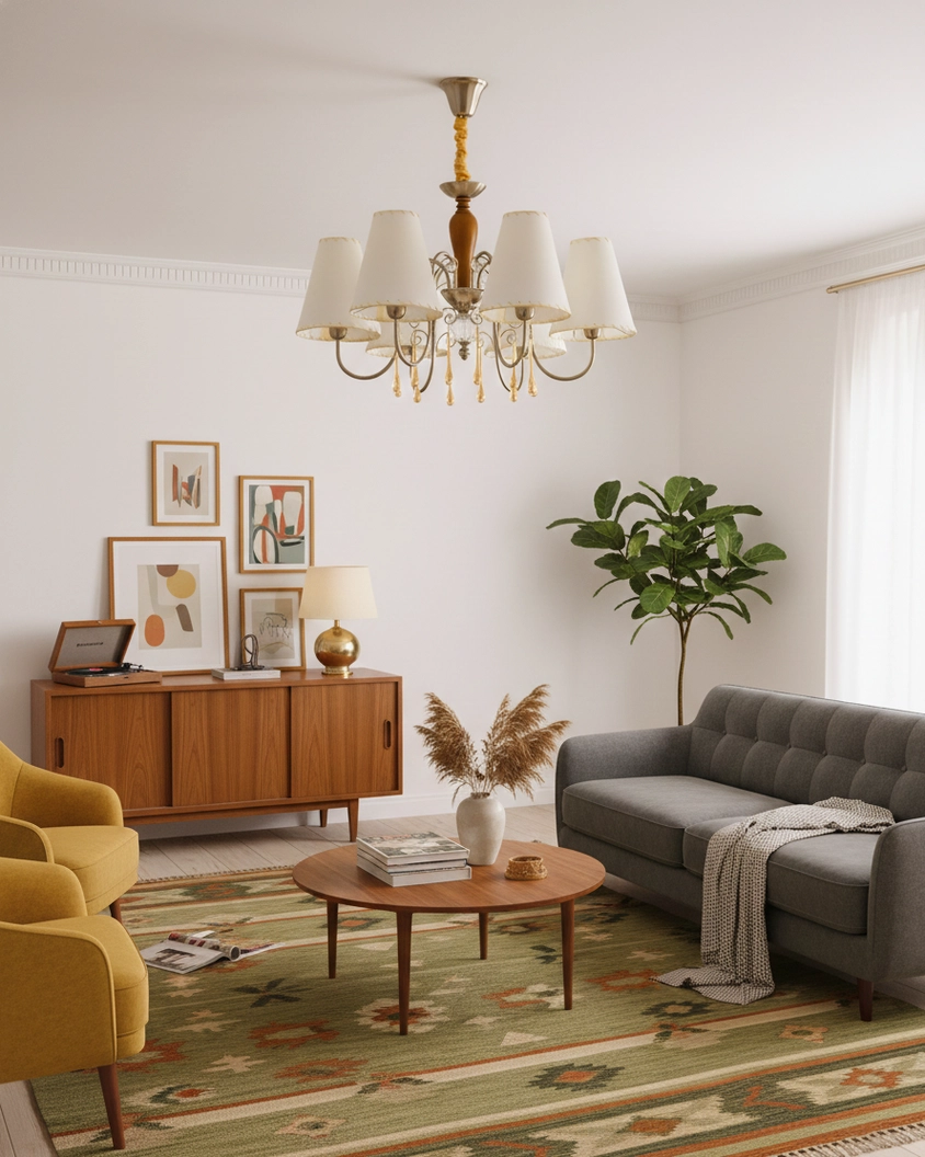 Aurembra chandelier wide view in mid-century modern living space with gold metal framework and vintage design aesthetic