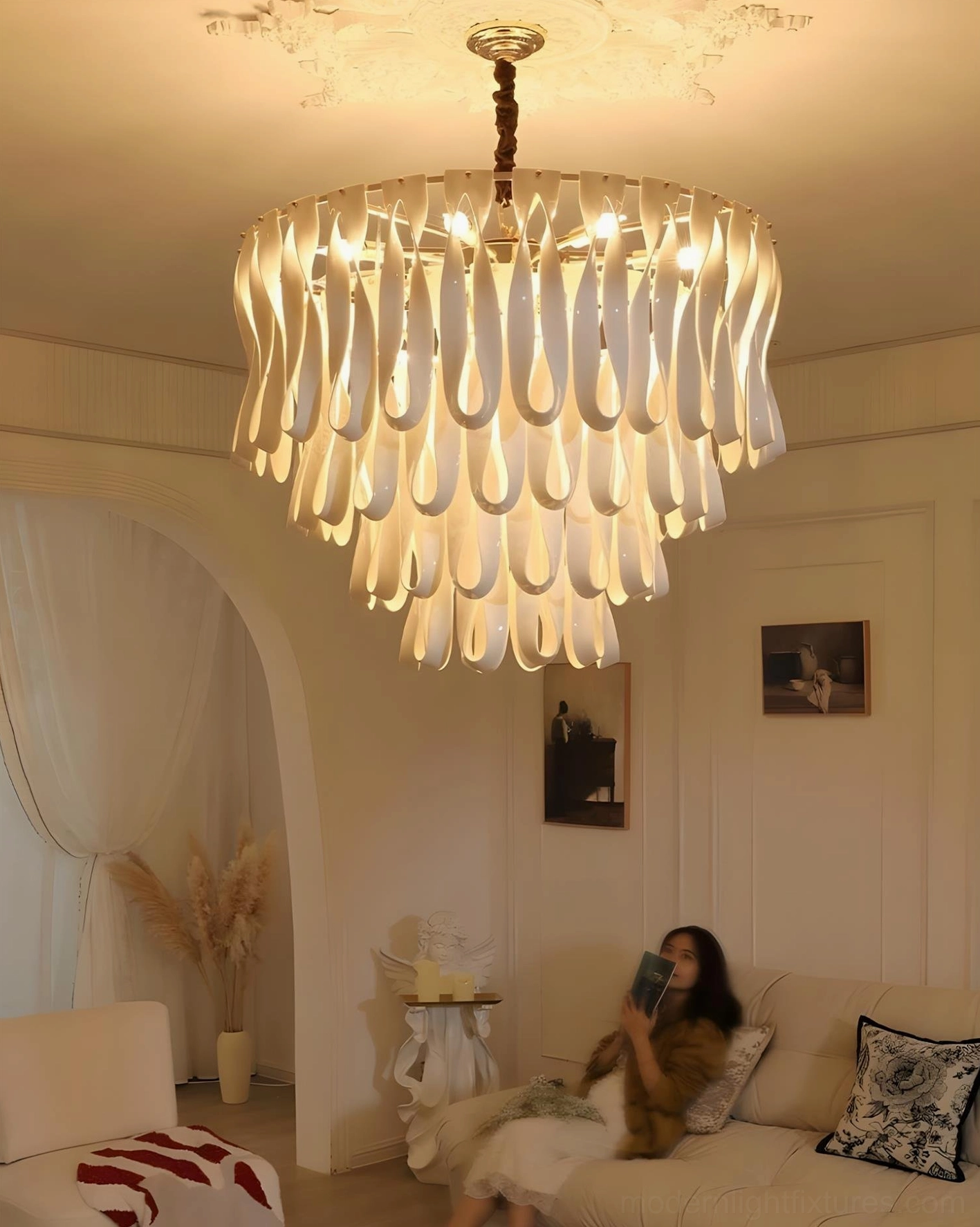 Avelisse tiered ceramic chandelier ambient glow warm white finish formal elegance
