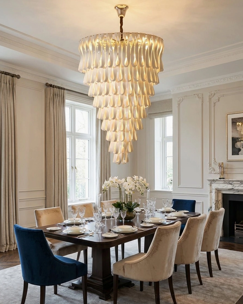Avelisse tiered cascade chandelier in formal dining area with blue accent chairs and warm glowing ceramic shades
