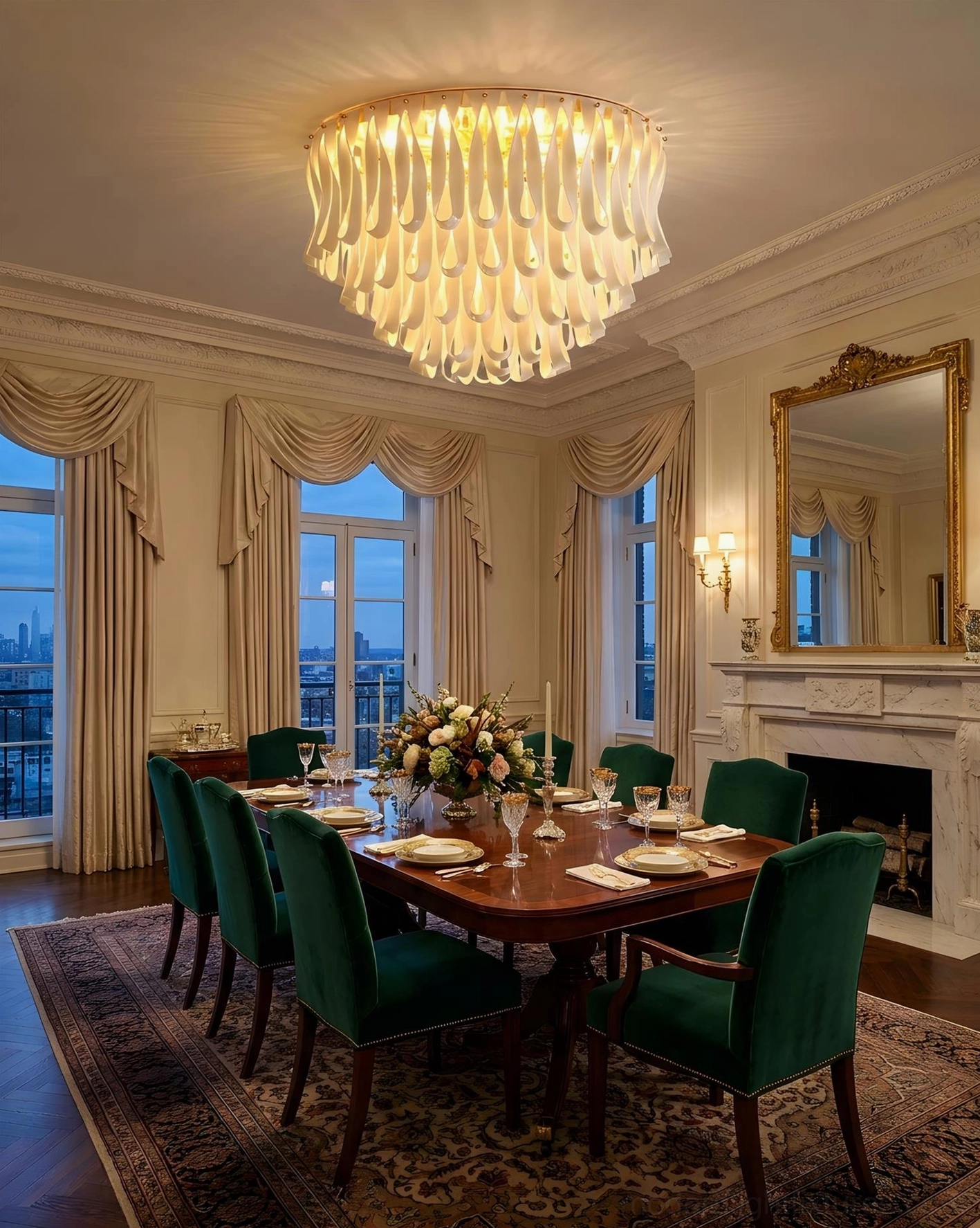 Tiered ceramic flush mount chandelier in neoclassical formal living room with fireplace and traditional decor