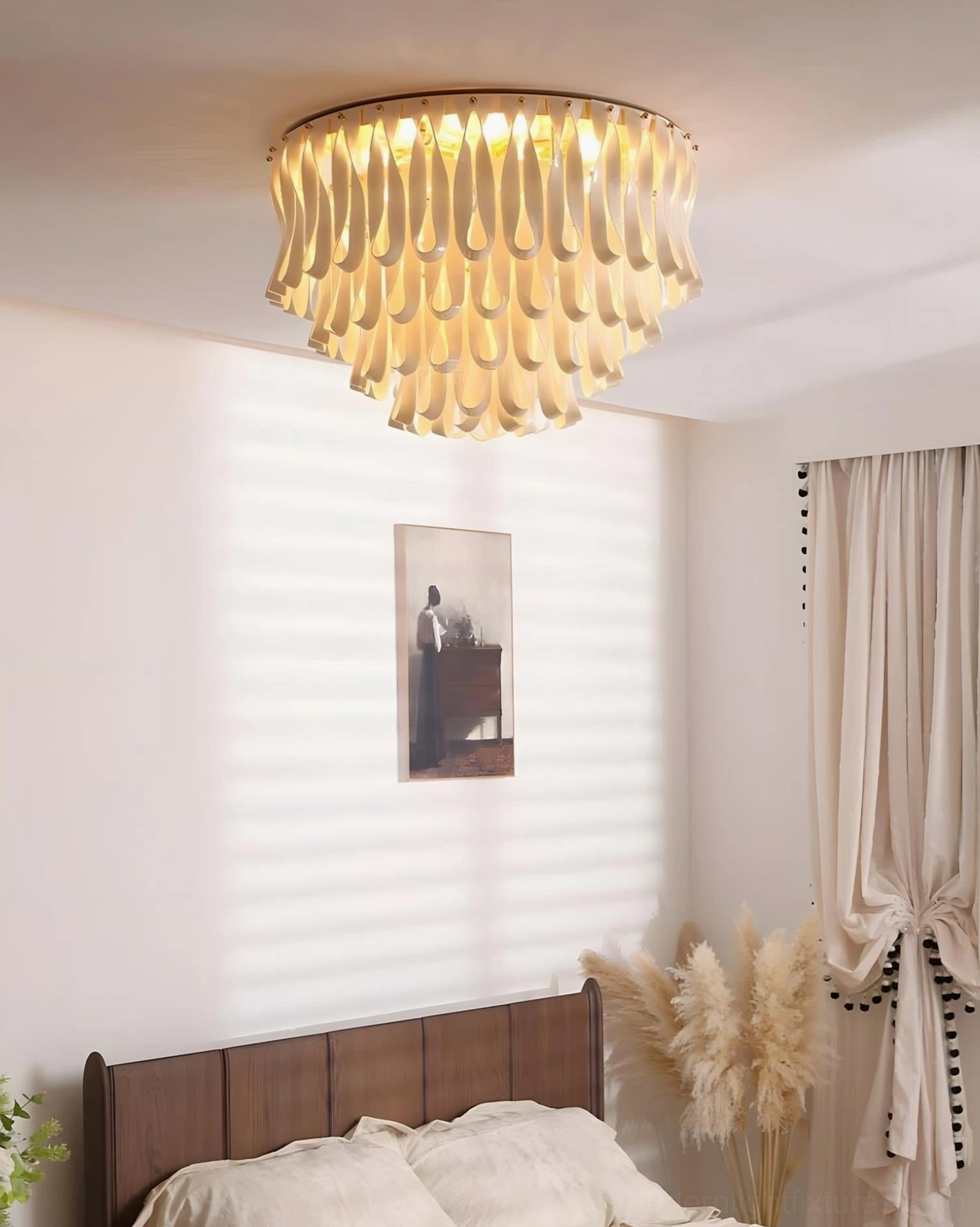 Avelisse luxury tiered ceiling fixture displaying matte white ceramic and warm gold finish details