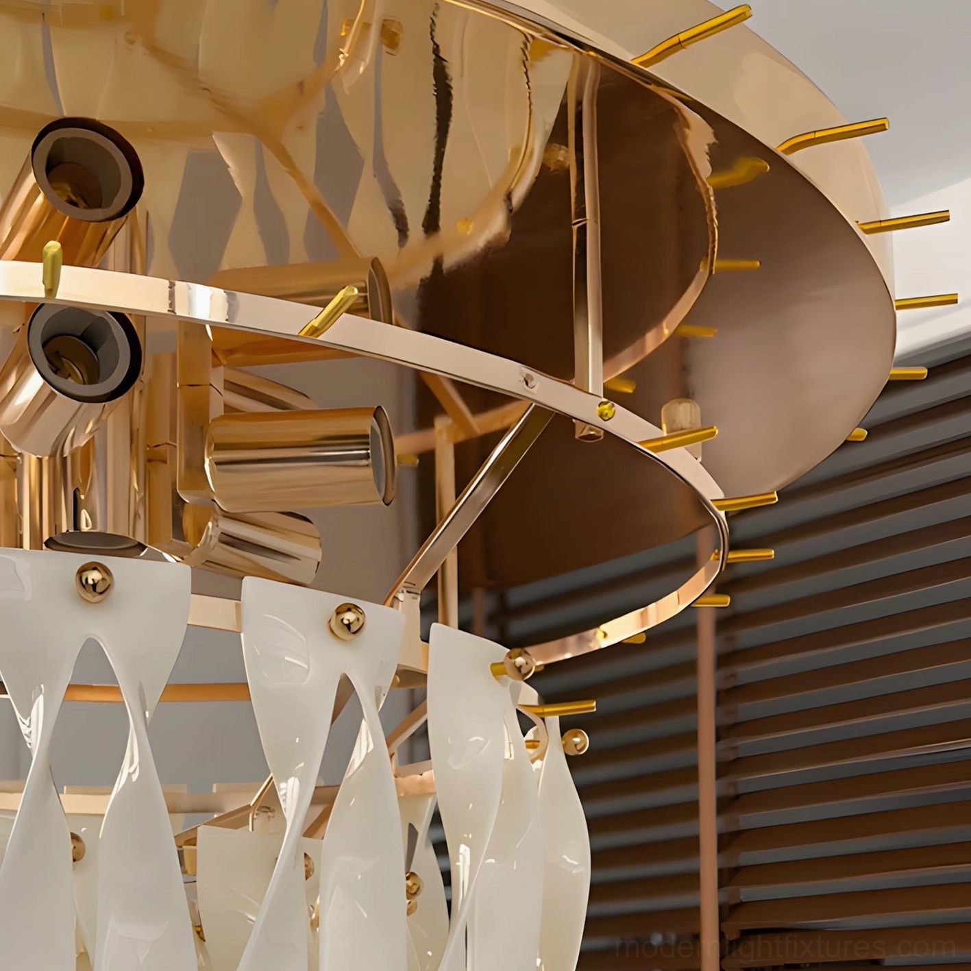 Close-up detail of Avelisse flush mount internal structure showing gold metal frame and tiered ceramic water-drop pendants
