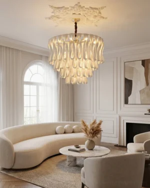 Avelisse luxury chandelier installed in neoclassical living room with ornate ceiling medallion creating warm ambient lighting