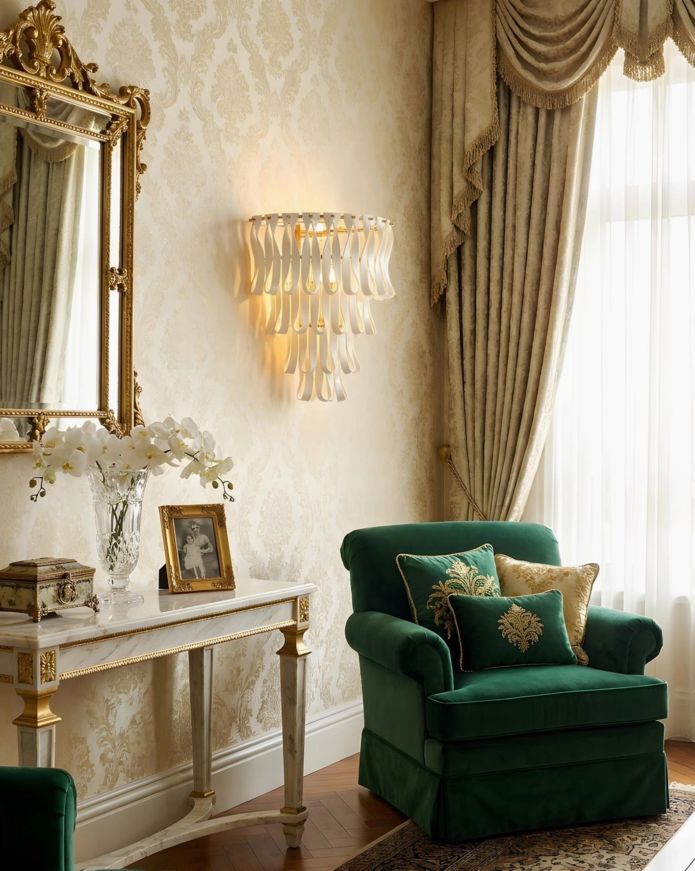 Elegant ribbon wall sconce with gilded mirror and green velvet armchair in vintage luxury living room interior