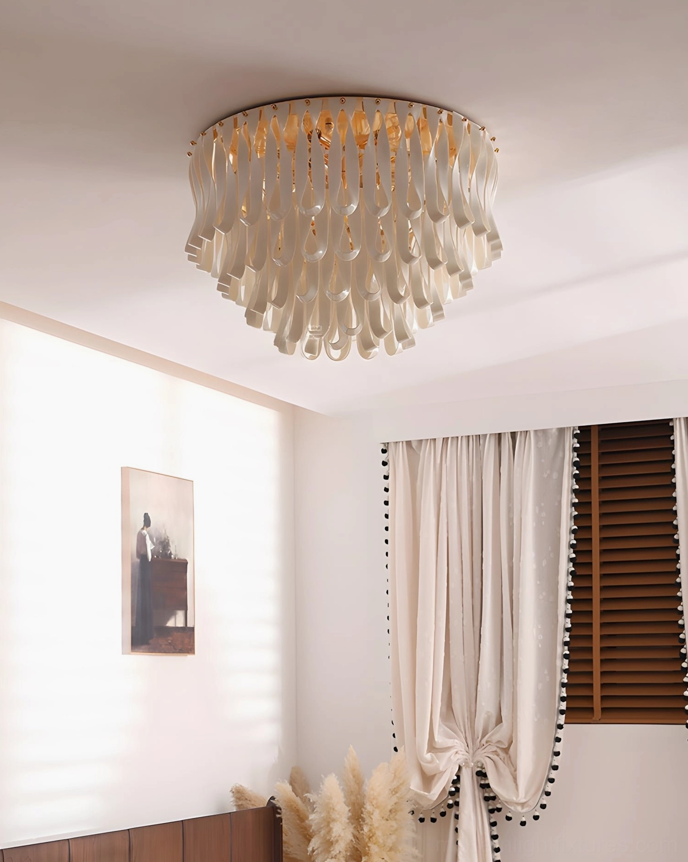 Avelisse tiered ceiling fixture in compact residential bedroom with warm neutral color palette