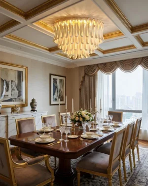 Avelisse ceiling light installed in luxury formal dining room with gilded coffered ceiling and full table setting
