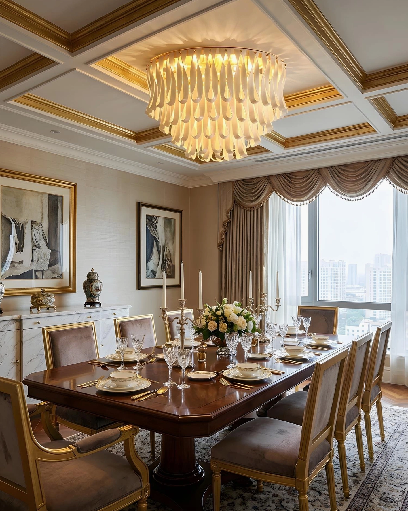 Avelisse ceiling light installed in luxury formal dining room with gilded coffered ceiling and full table setting
