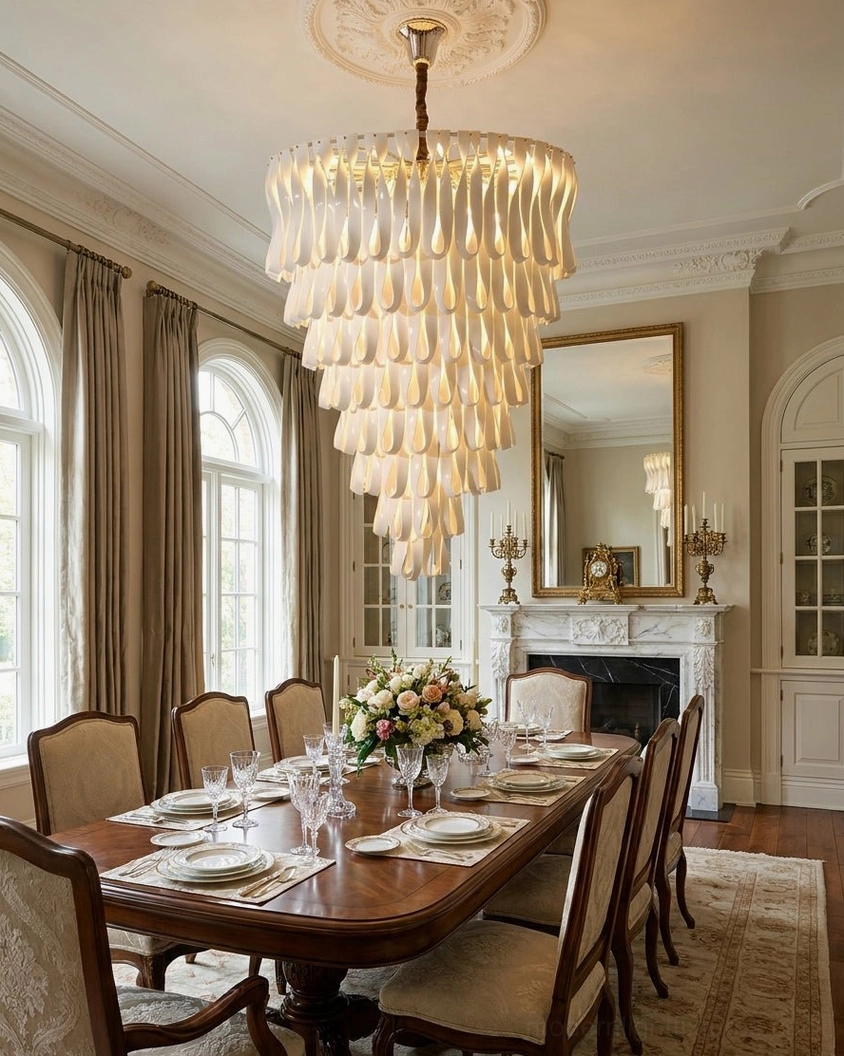 Avelisse tiered chandelier illuminating formal dining room with fireplace and layered ceramic shade design