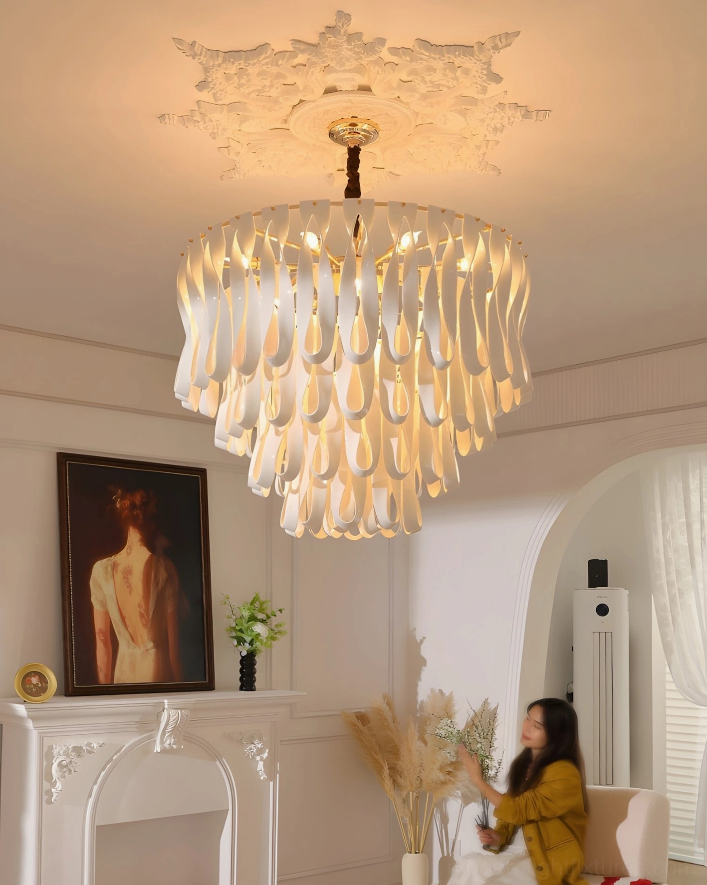 Avelisse tiered chandelier warm gold metal accents with hand-finished creamy ceramic looped shades