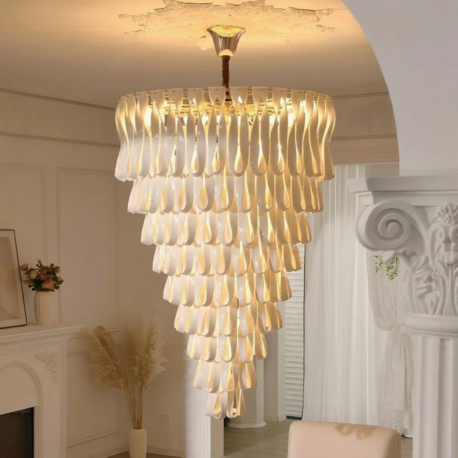 Avelisse grand 40-head tiered chandelier monumental luxury fixture with rose gold accents and white ceramic
