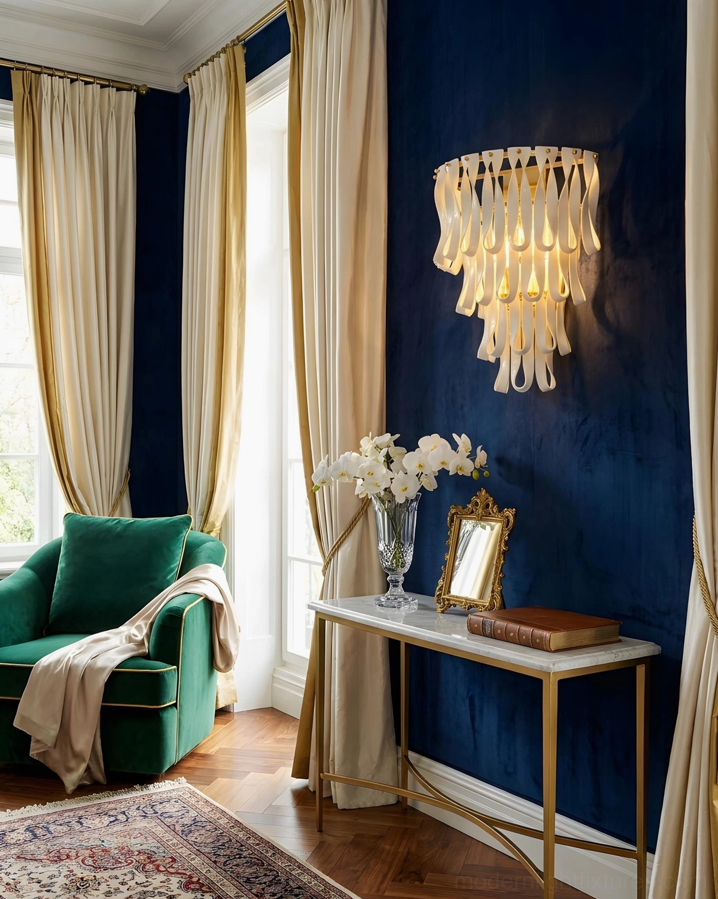 Luxury ceramic ribbon wall sconce paired with dark blue accent wall in contemporary lounge setting