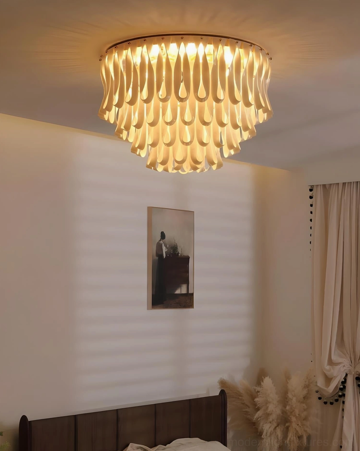 Avelisse tiered flush mount overhead light in cozy master bedroom with warm neutral luxury design aesthetic