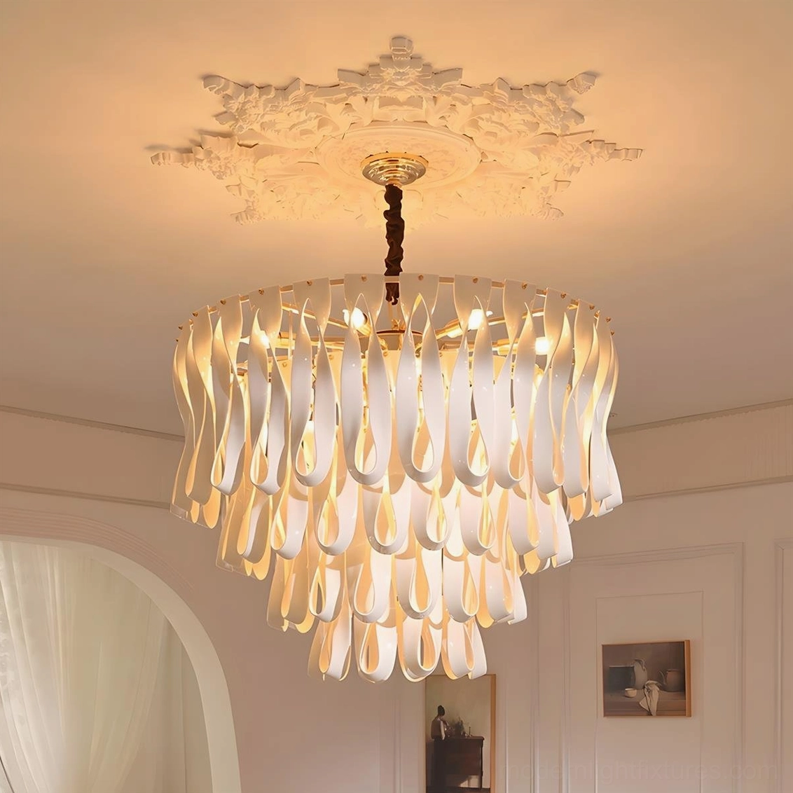 Avelisse medium 15-head tiered ceramic chandelier with rose gold and white finish specifications