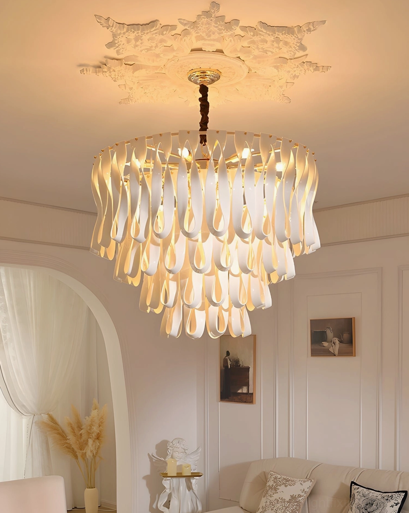 Avelisse luxury modern chandelier installation detail showing metal frame and ceramic shade assembly