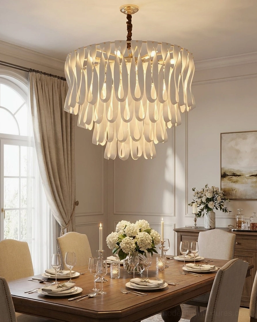 Avelisse flat round tiered chandelier overhead view in formal dining room with creamy acrylic pendant arrangement