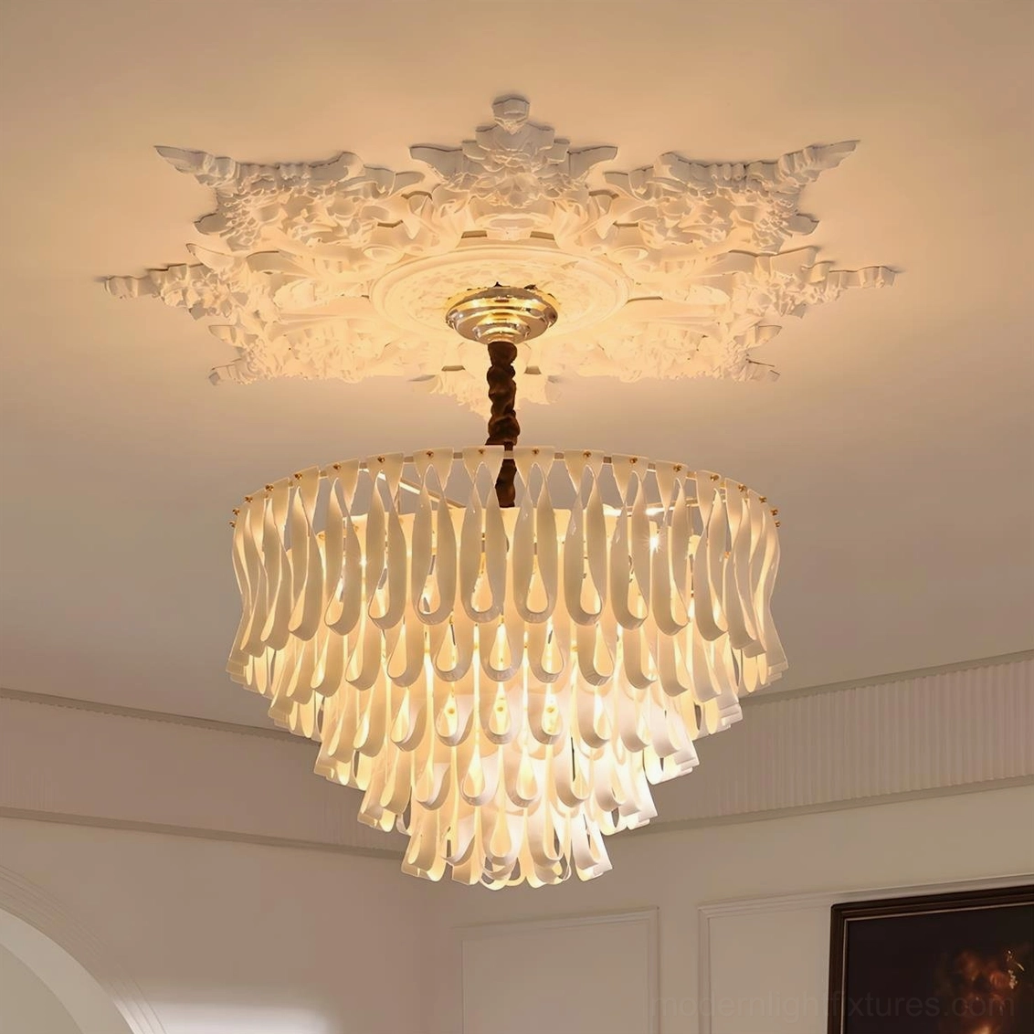 Avelisse round tiered pendant chandelier close-up view in neoclassical foyer with ornate ceiling medallion