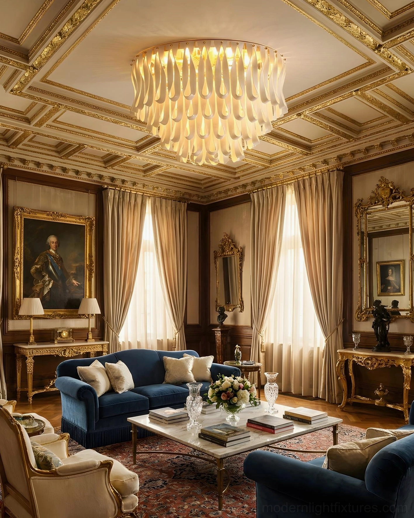 Modern luxury flush mount ceiling light in formal living room with gilded ceiling and upholstered furniture