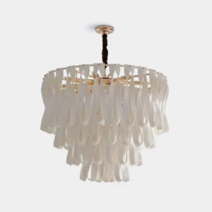 Avelisse modern tiered ceramic chandelier front view with creamy shell-shaped acrylic pendants and gold metal frame on white background