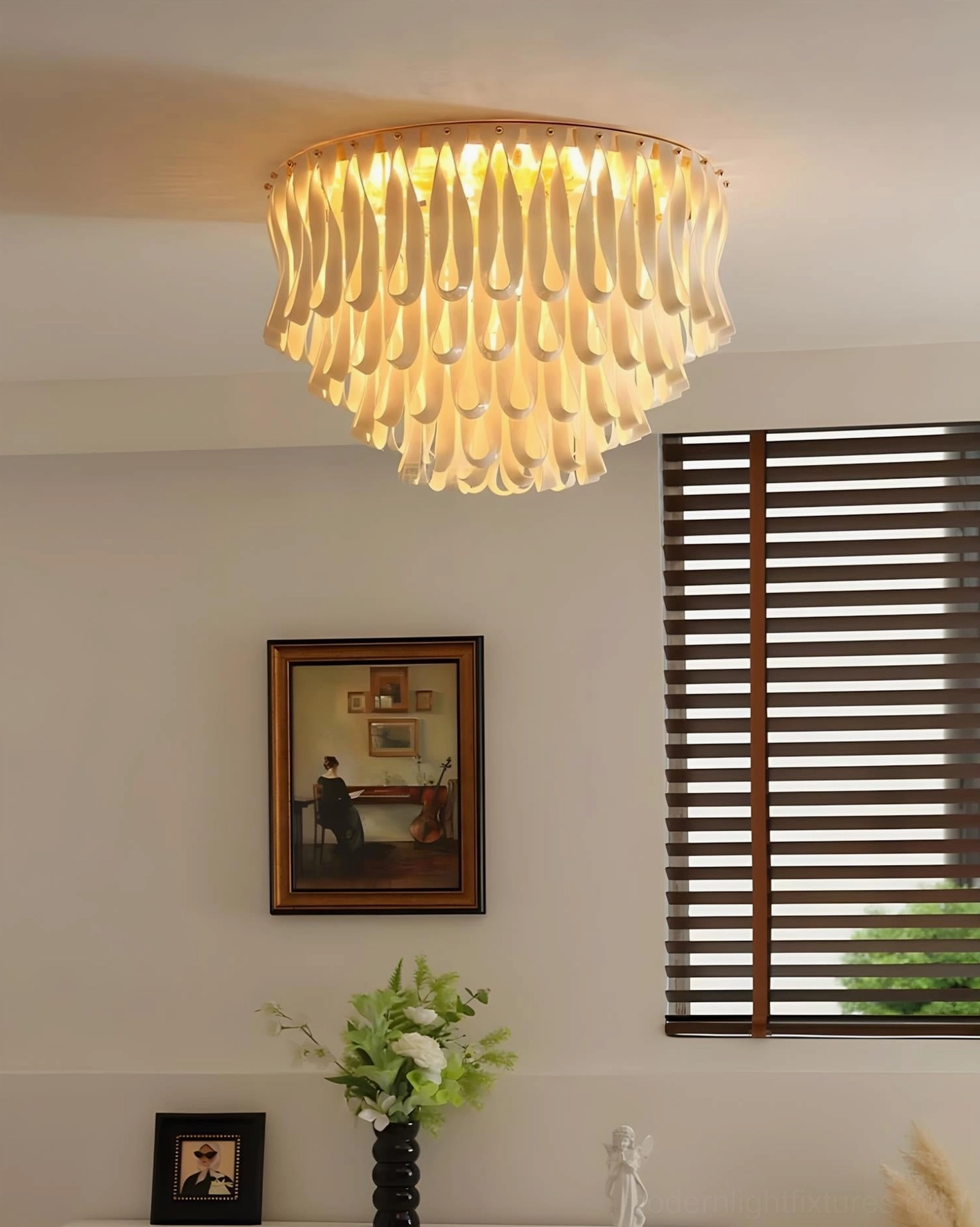 Avelisse tiered ceramic flush mount ceiling light fixture showing full product profile and scale