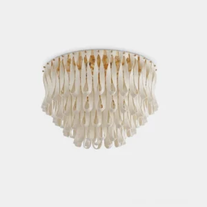 Avelisse tiered flush mount ceiling light fixture with matte white ceramic loops and gold accents, front studio view