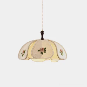 Avenelle scalloped embroidered pendant light with rose details and beaded trim, front studio view showing linen petal panels and dark wood finial