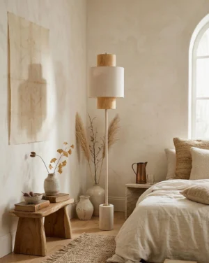 Avenor floor lamp in warm minimalist bedroom with linen bedding and arched window creating organic interior aesthetic