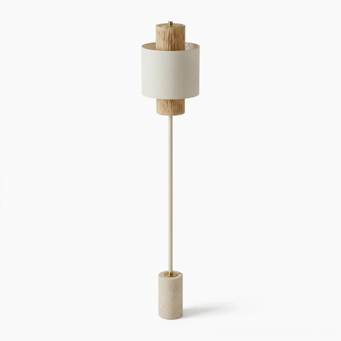 Avenor minimalist floor lamp front elevation with brass pole and travertine stone base on studio background