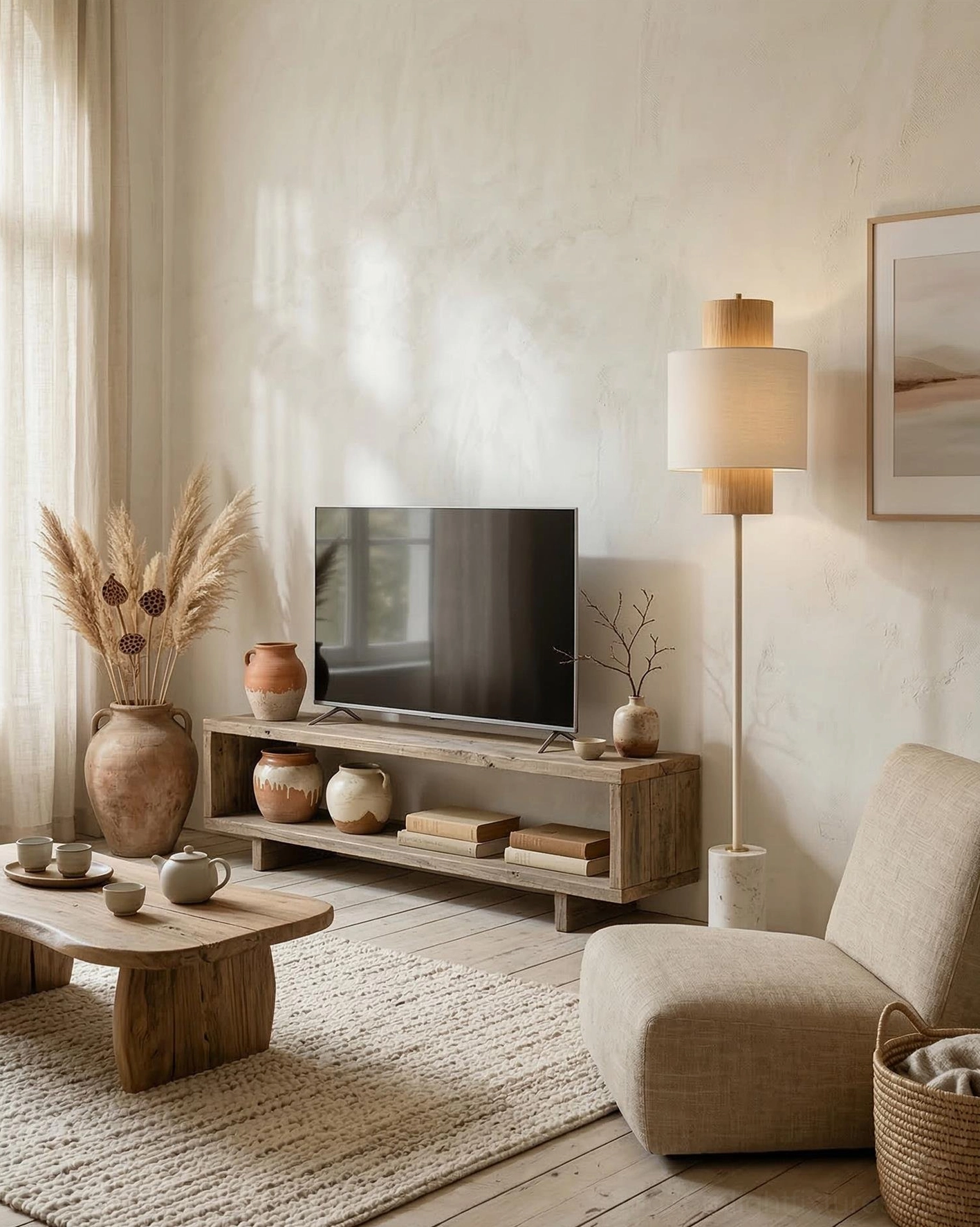 Avenor floor lamp in contemporary living room with modern TV stand and neutral bohemian rustic style furnishings