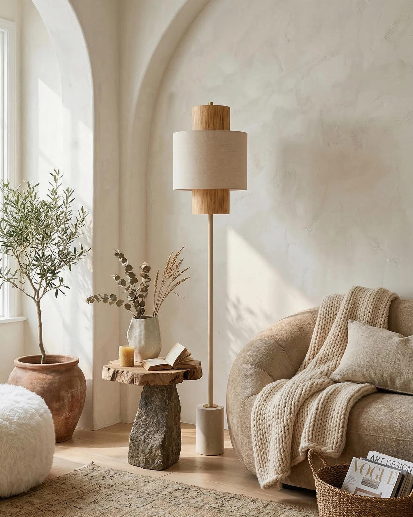 Avenor floor lamp in cozy lounge area with potted plant rustic side table and knitted throw pillow