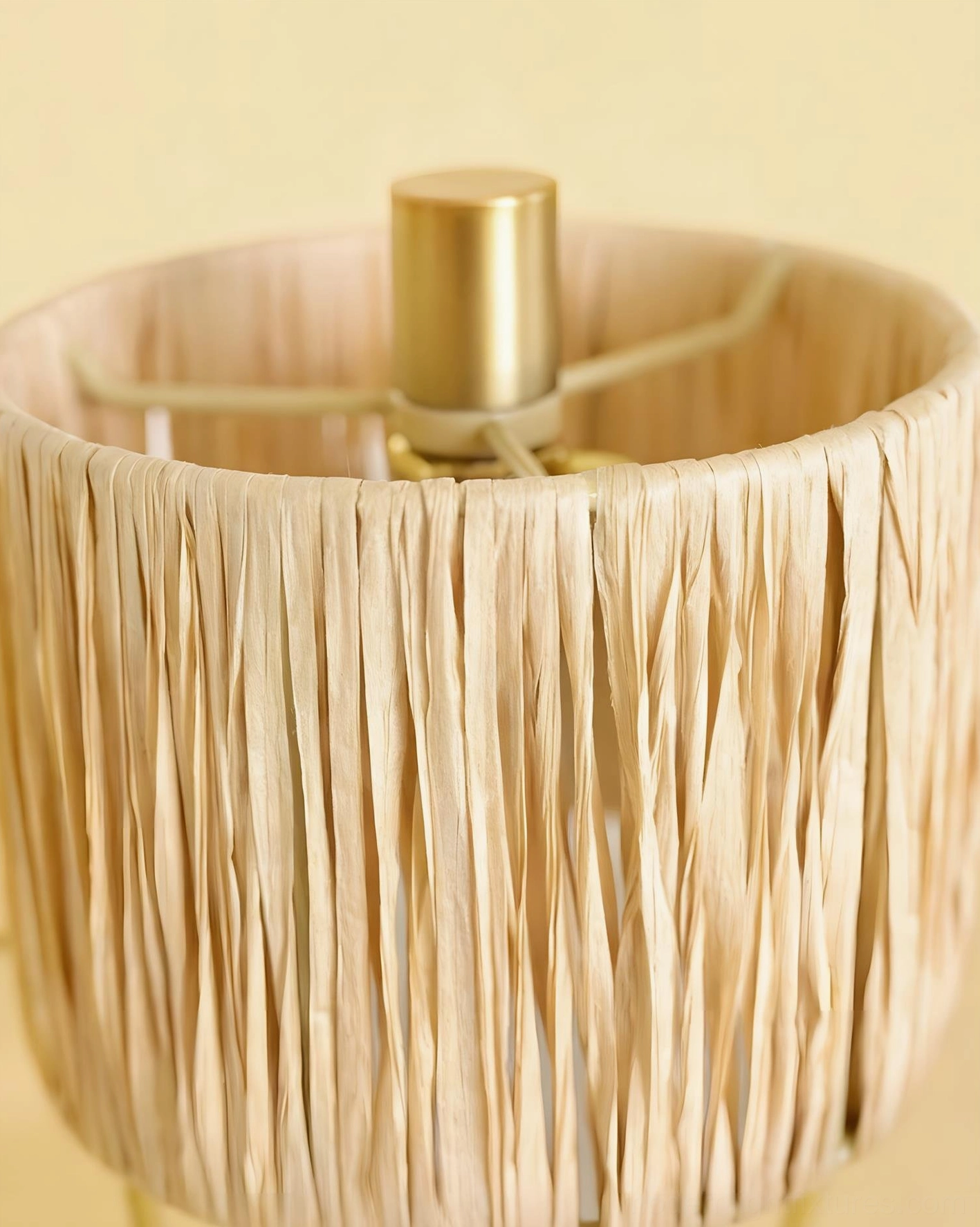 Avenor floor lamp close-up of woven natural linen shade texture and brass hardware details