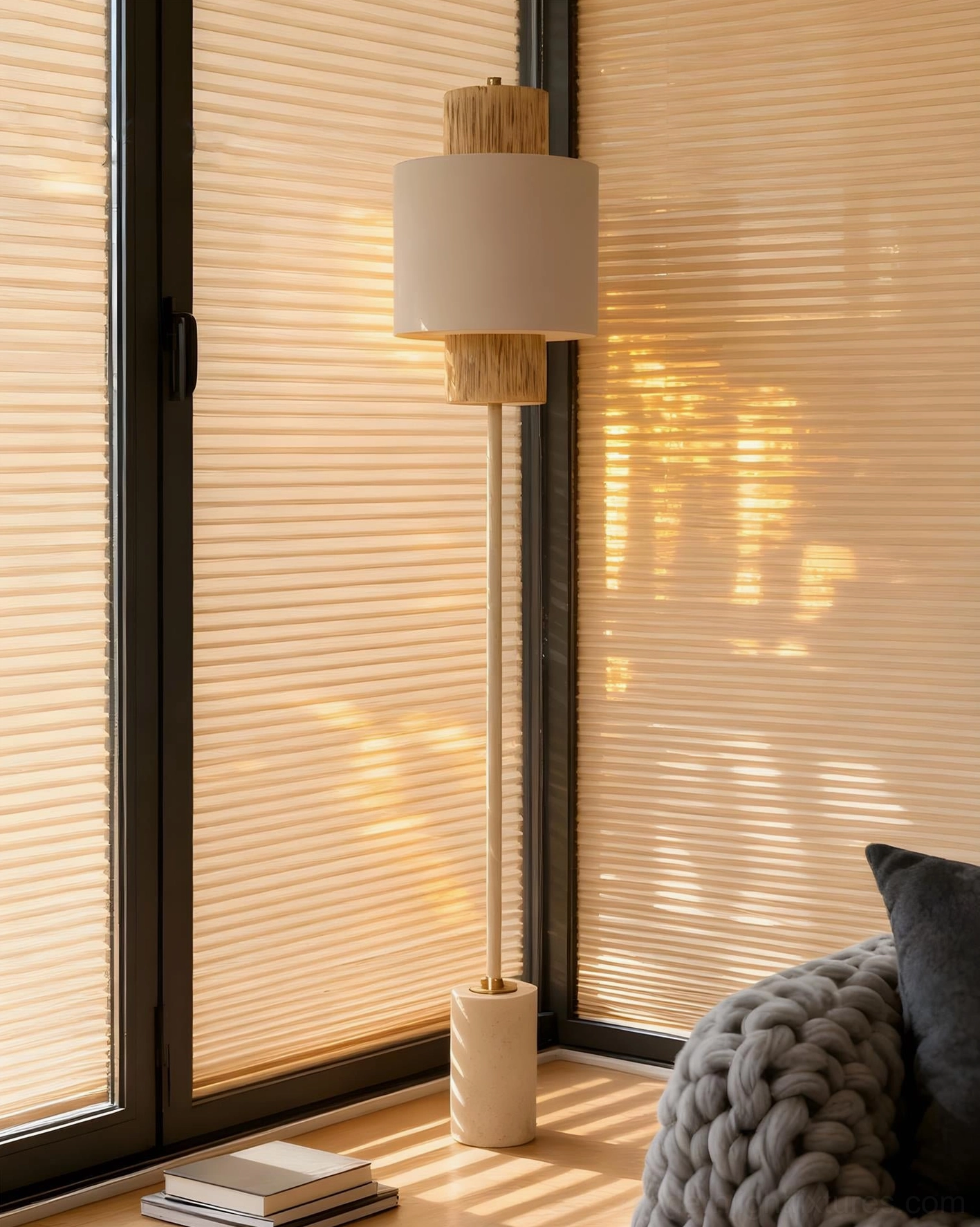 Avenor floor lamp side view in sunlit room with blinds and knitted sofa creating cozy ambient lighting