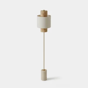 Avenor minimalist floor lamp front view with travertine stone base and natural fabric shade on white background