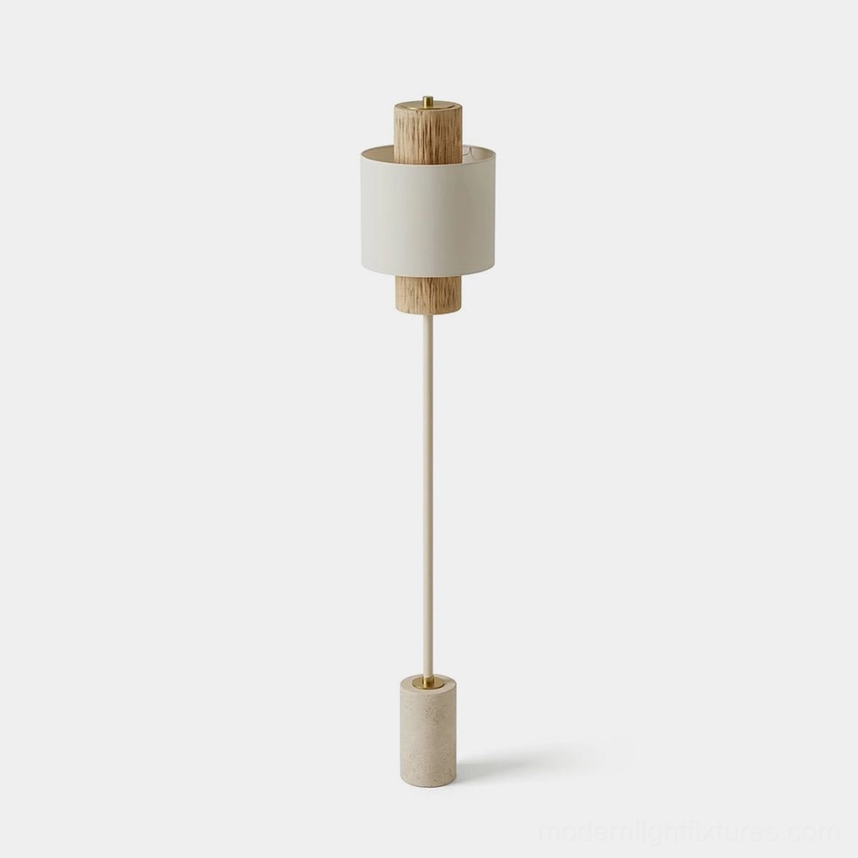 Avenor minimalist floor lamp front view with travertine stone base and natural fabric shade on white background