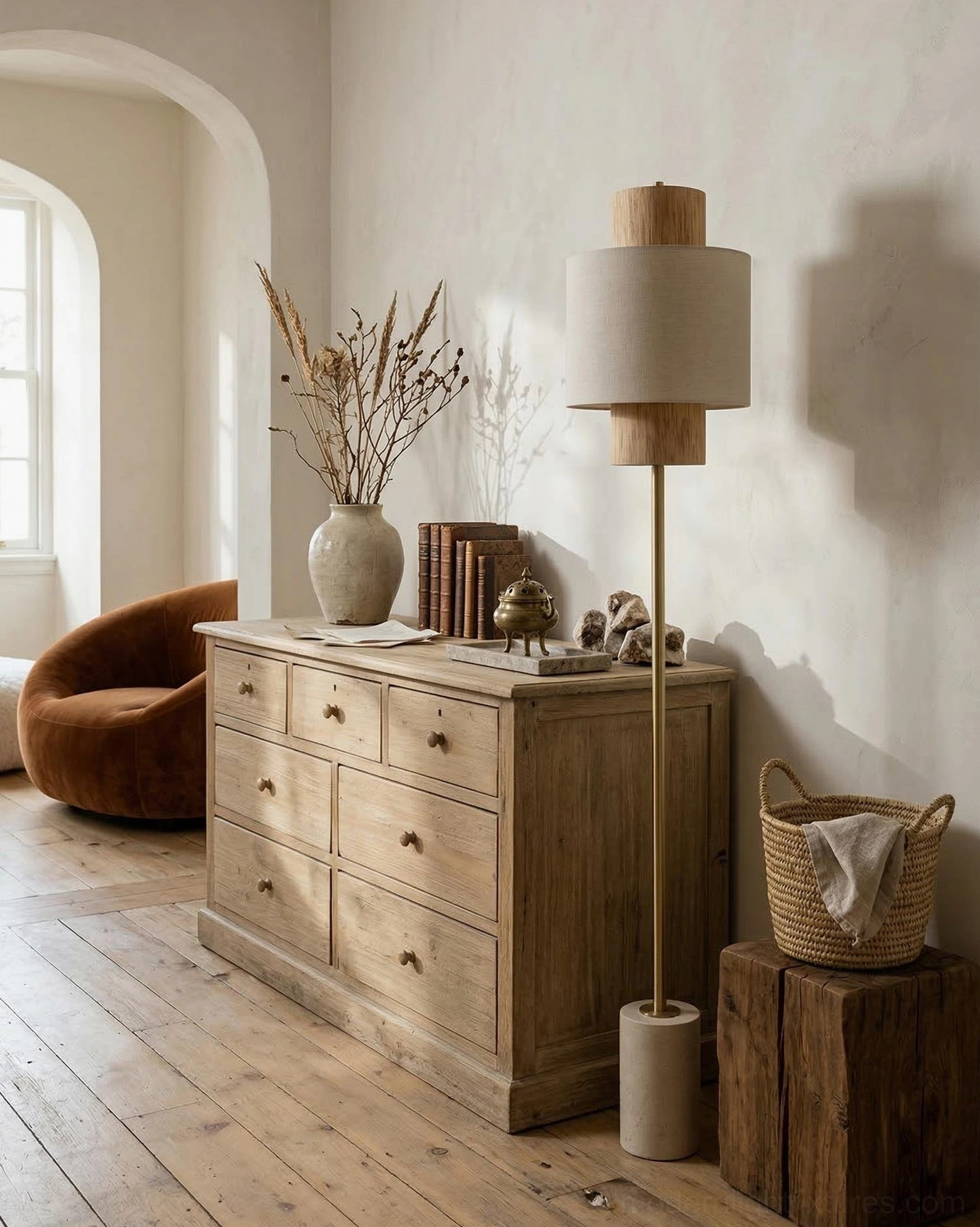 Avenor floor lamp beside vintage wood dresser with dried floral decor and natural styling accessories