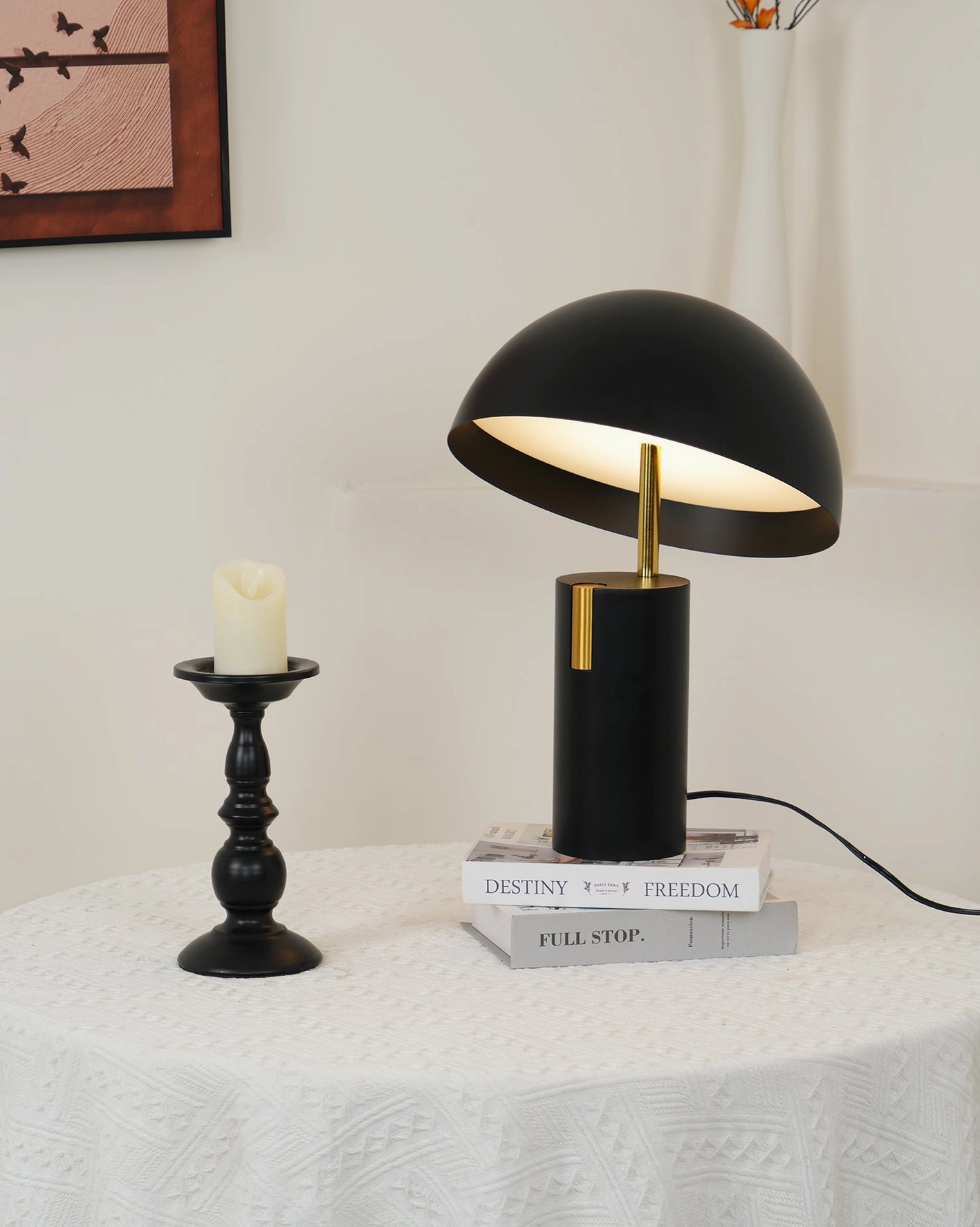 Avo table lamp in bedroom nightstand setting with warm light creating intimate reading ambiance