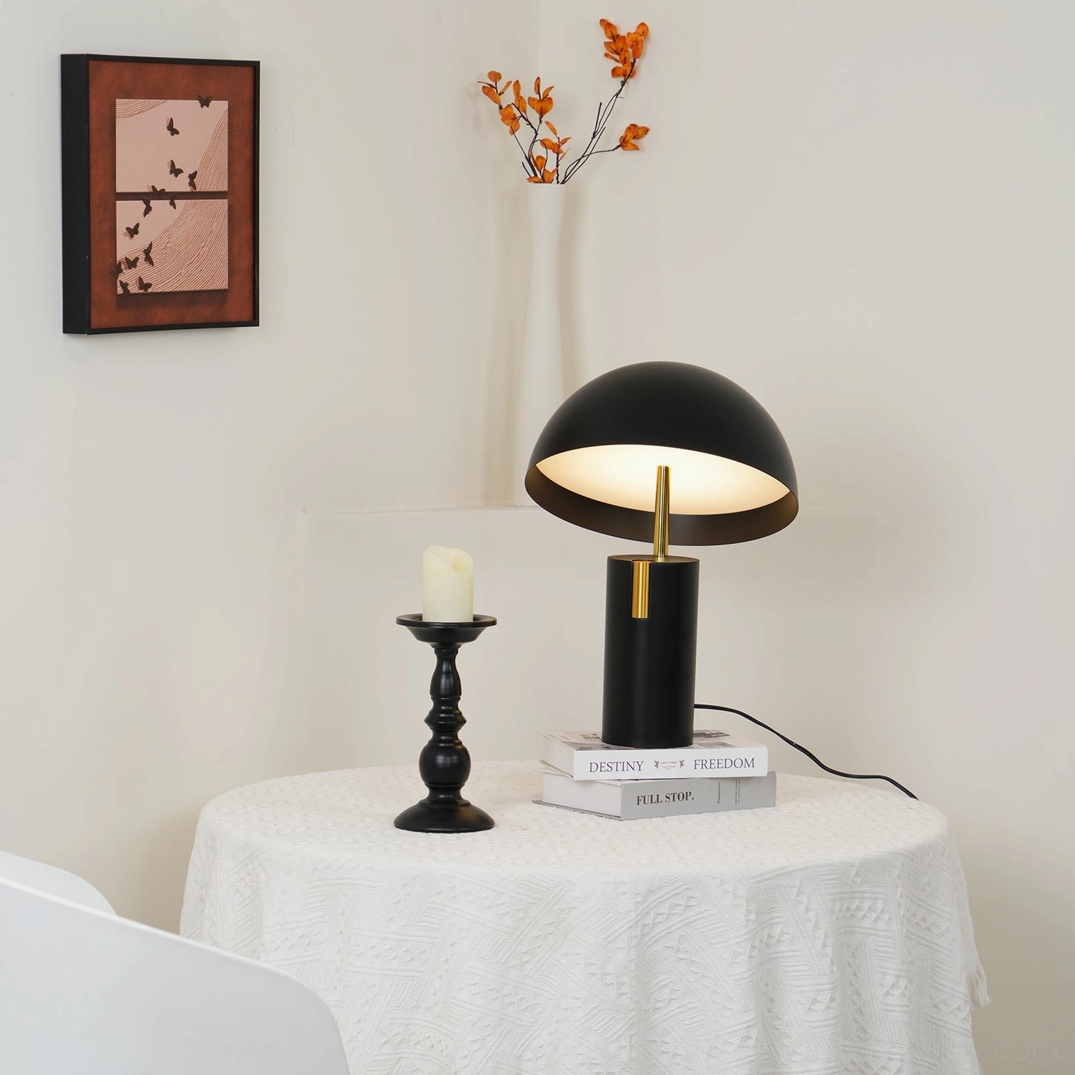 Avo table lamp with brass accent detail in eclectic interior design mixed style application