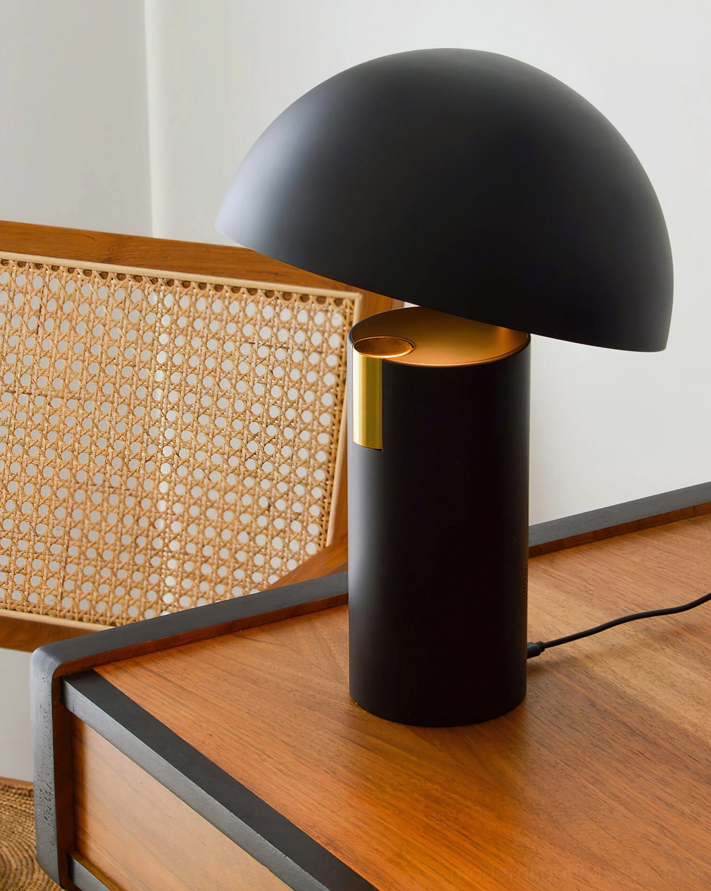 Avo mushroom table lamp detail shot highlighting integrated LED technology and brass accent components