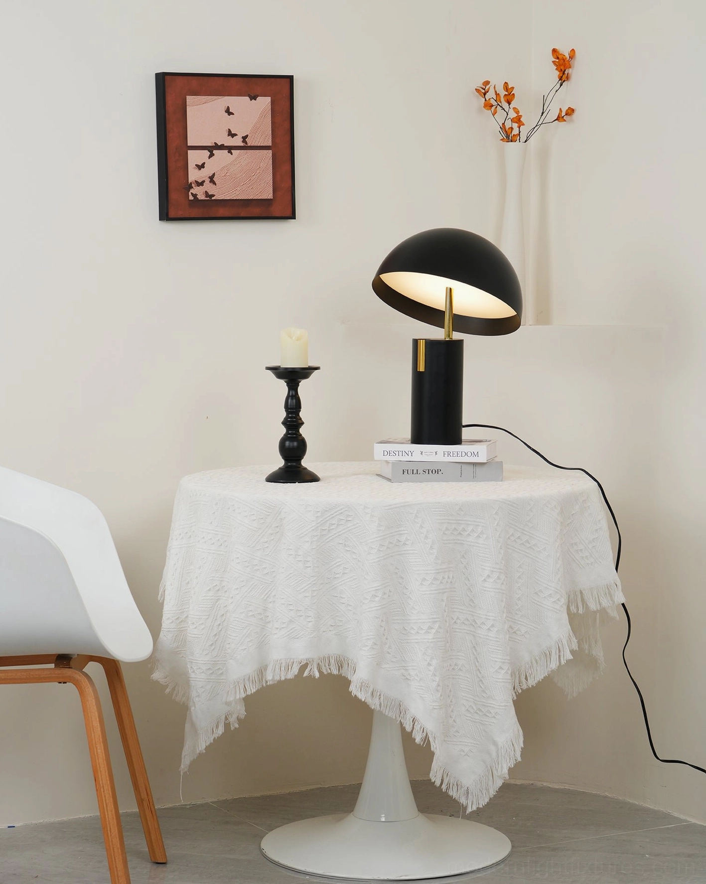 Avo table lamp minimalist bedroom interior showing integrated LED warm light for sleep environment