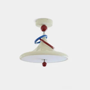 Avolis geometric ceiling lamp with cream shade, red and blue sculptural rings, and glossy red sphere detail - modern geometric flush mount light fixture front view