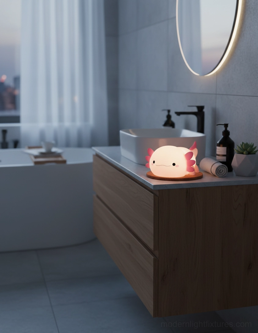 Cute axolotl silicone night light on bathroom vanity counter with minimalist modern design